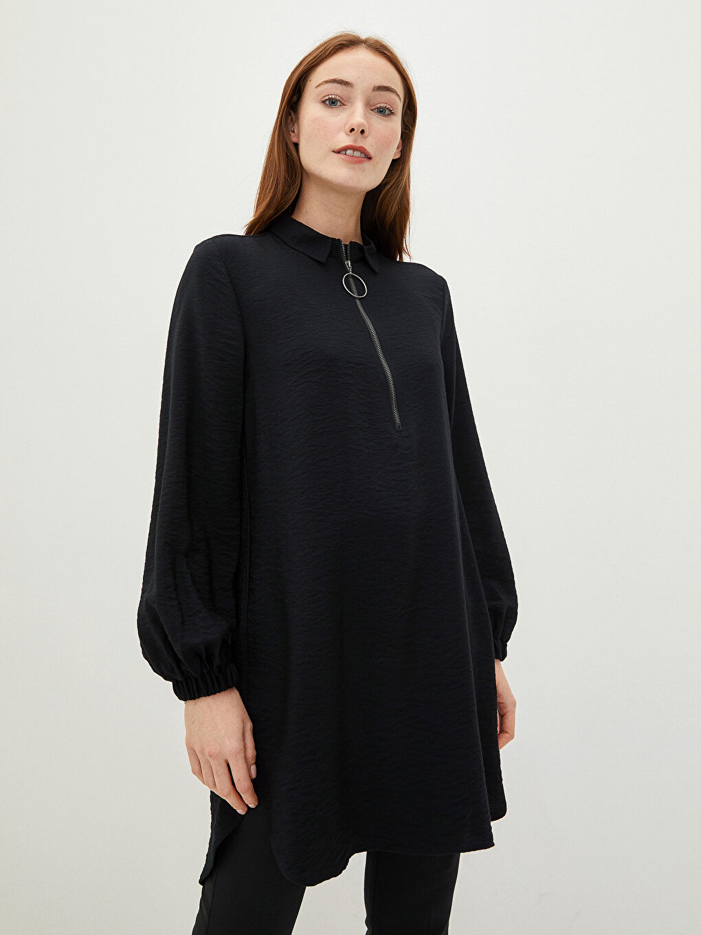 Siyah Düz Uzun Kollu Krep Kadın Gömlek Tunik