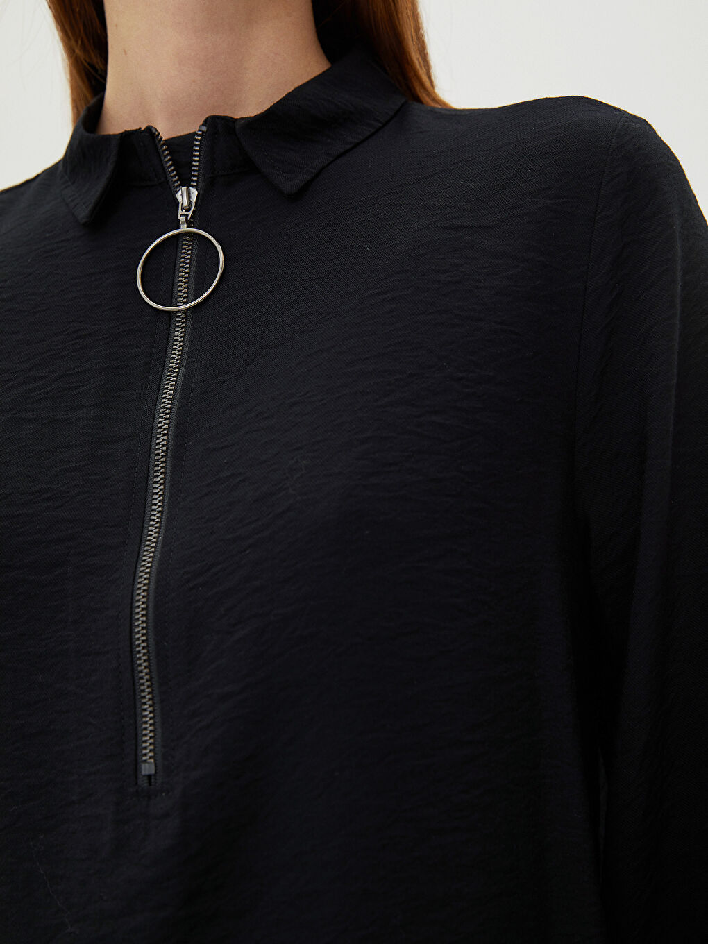 Siyah Düz Uzun Kollu Krep Kadın Gömlek Tunik-1