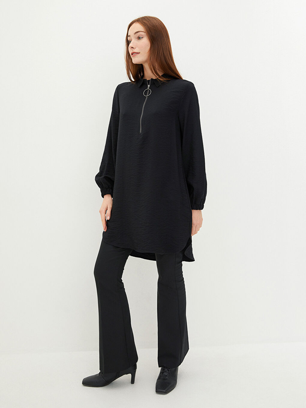 Siyah Düz Uzun Kollu Krep Kadın Gömlek Tunik-2