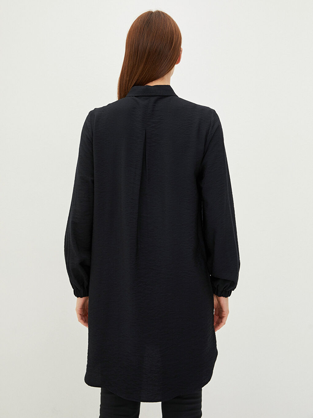 Siyah Düz Uzun Kollu Krep Kadın Gömlek Tunik-3