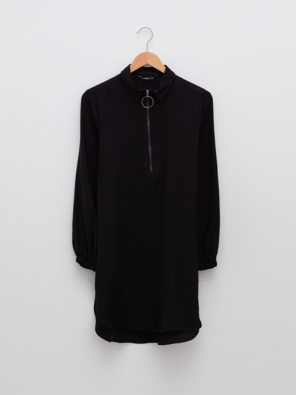 Siyah Düz Uzun Kollu Krep Kadın Gömlek Tunik-4