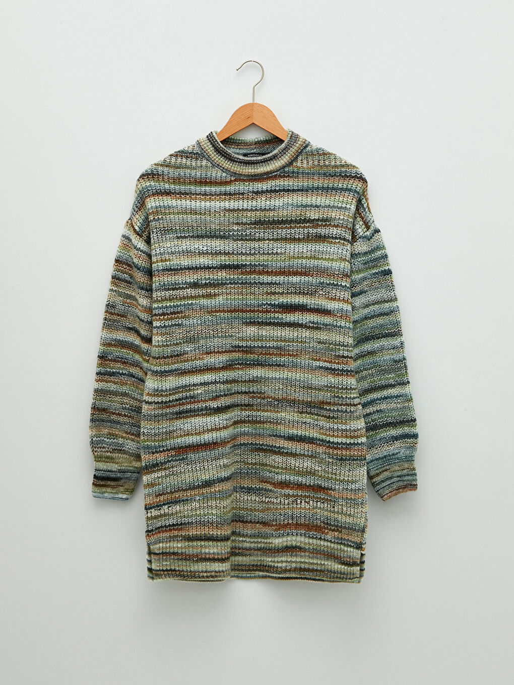 Yeşil Dik Yaka Kendinden Desenli Uzun Kollu Kadın Triko Tunik-6