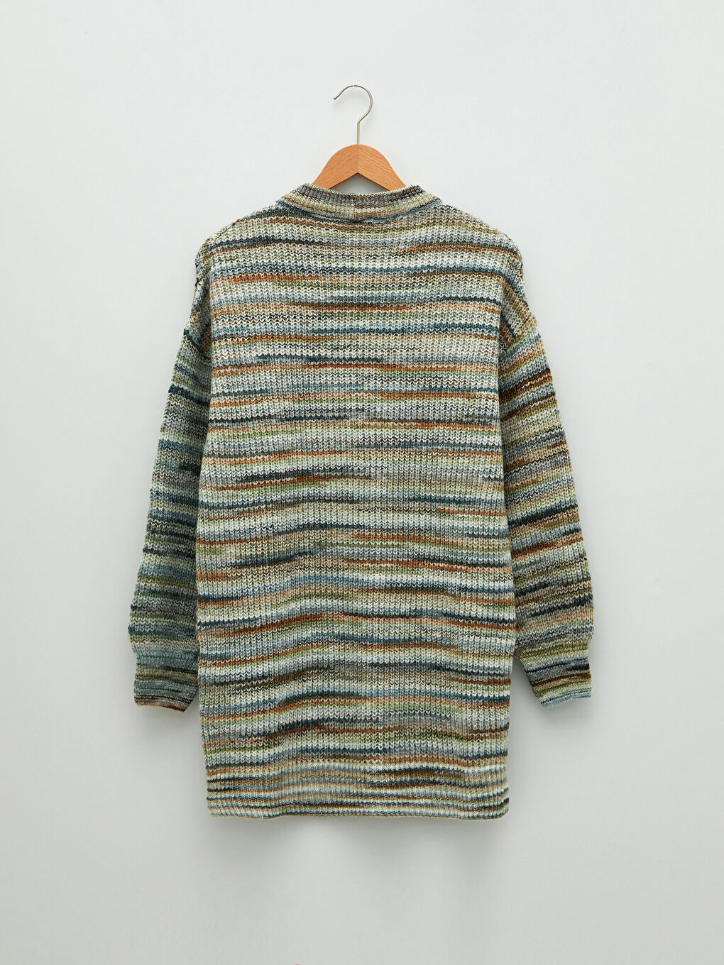 Yeşil Dik Yaka Kendinden Desenli Uzun Kollu Kadın Triko Tunik-7