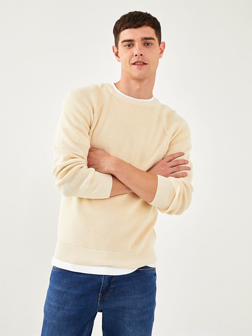 Ekru Bisiklet Yaka Erkek Triko Kazak-1