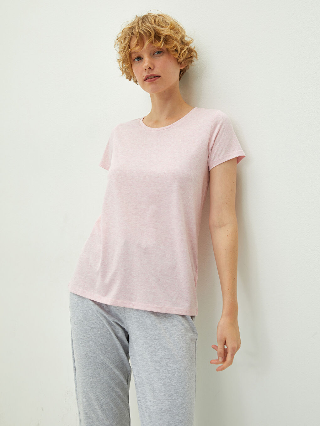 Gri Bisiklet Yaka Düz Kısa Kollu Kadın Pijama Takım-2