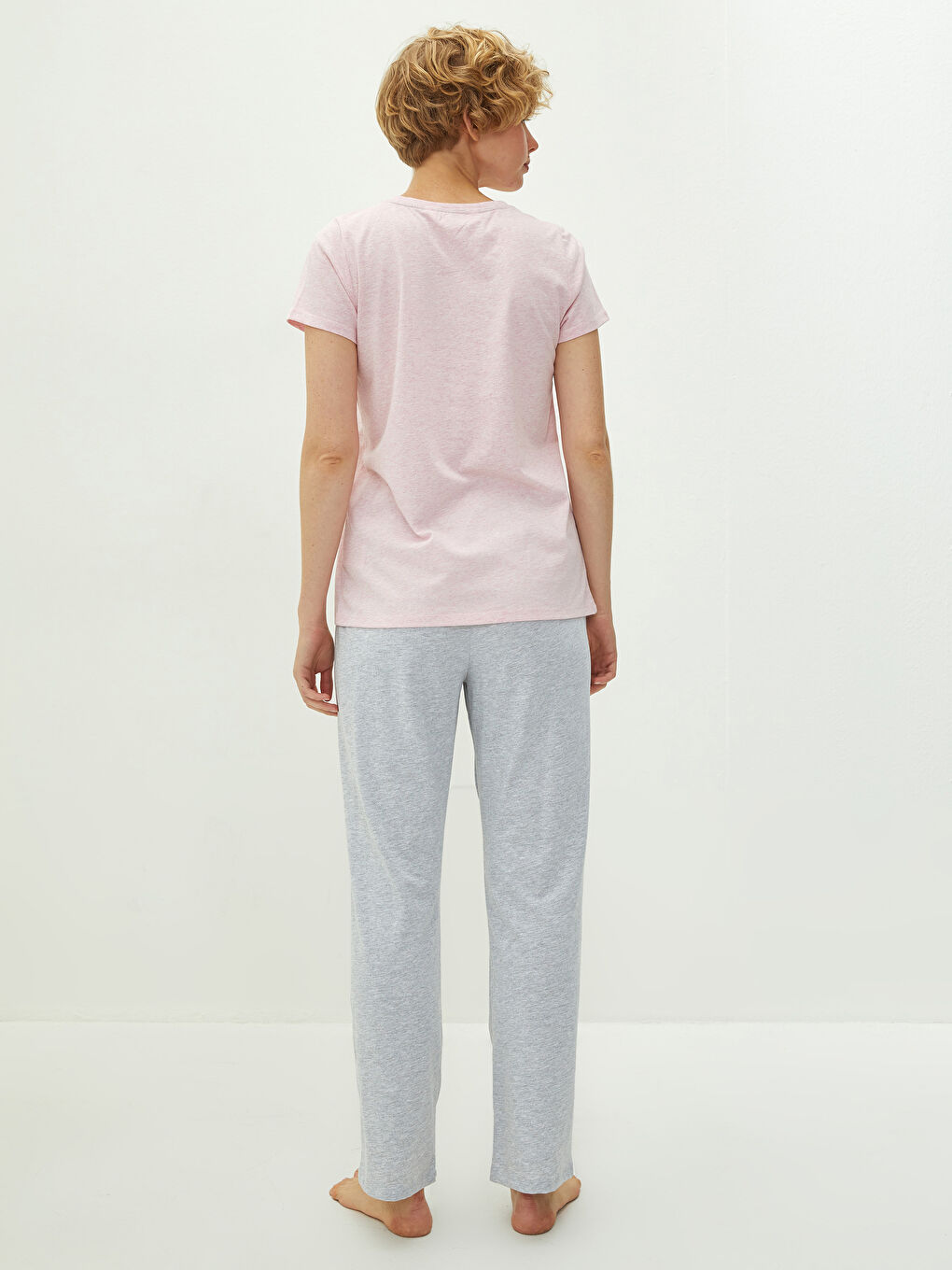 Gri Bisiklet Yaka Düz Kısa Kollu Kadın Pijama Takım-4