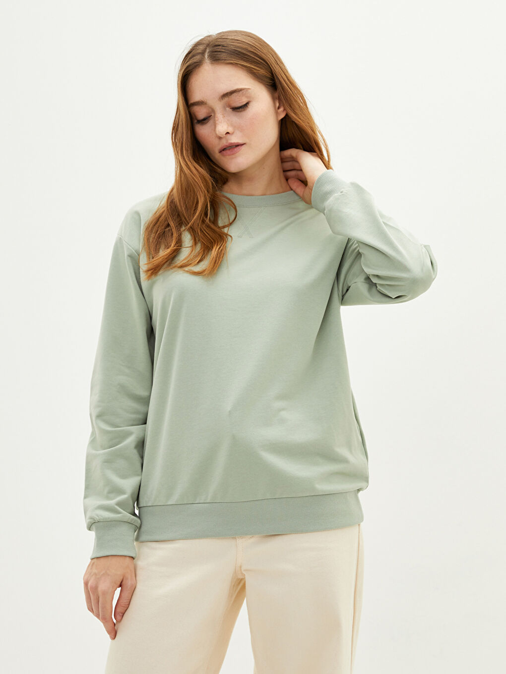 Bisiklet Yaka Düz Uzun Kollu Kadın Sweatshirt-2