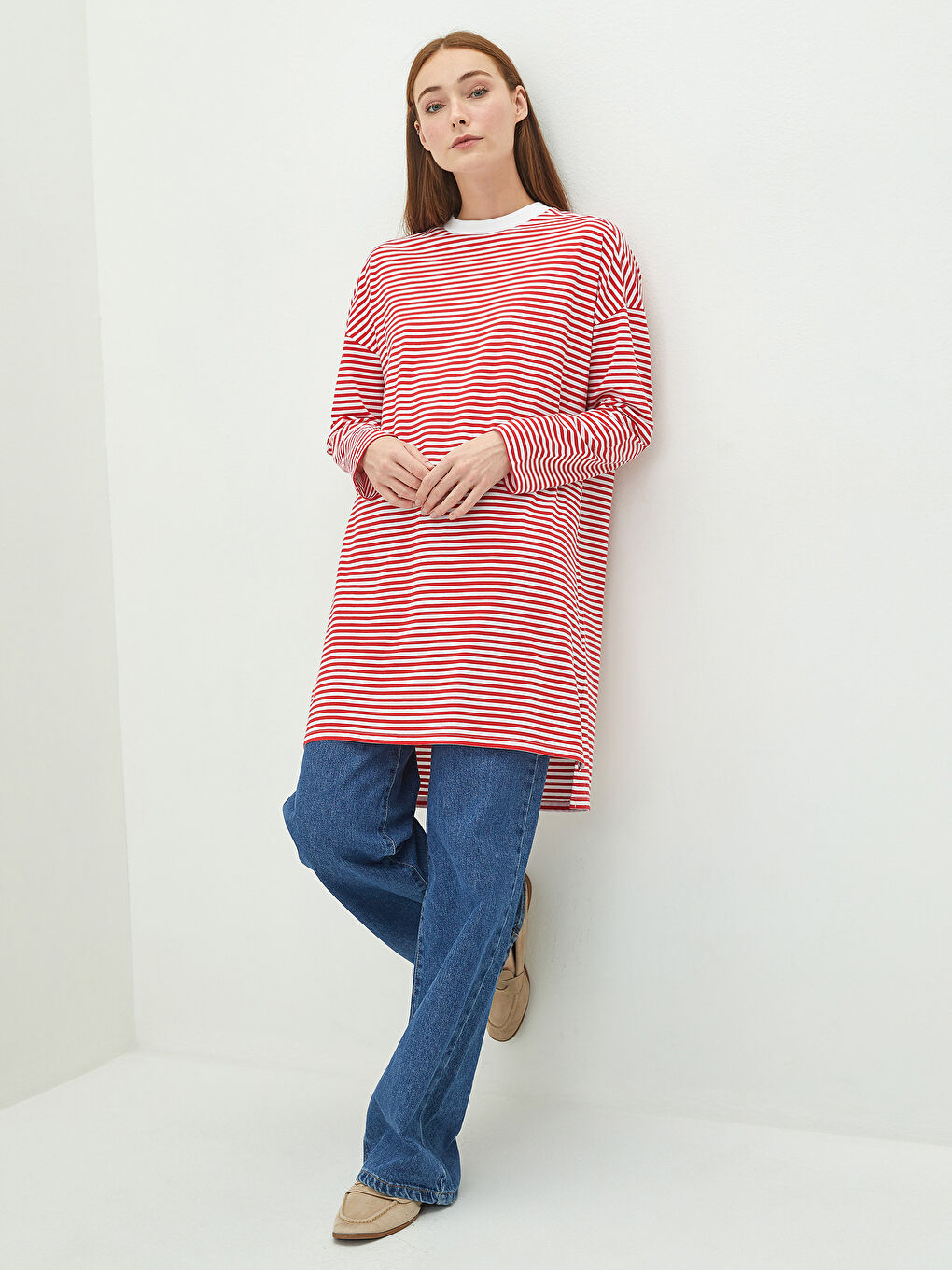 LCW Modest Crew Neck Striped Long Sleeve Cotton Women's Tunic -W1J504Z8-LJE