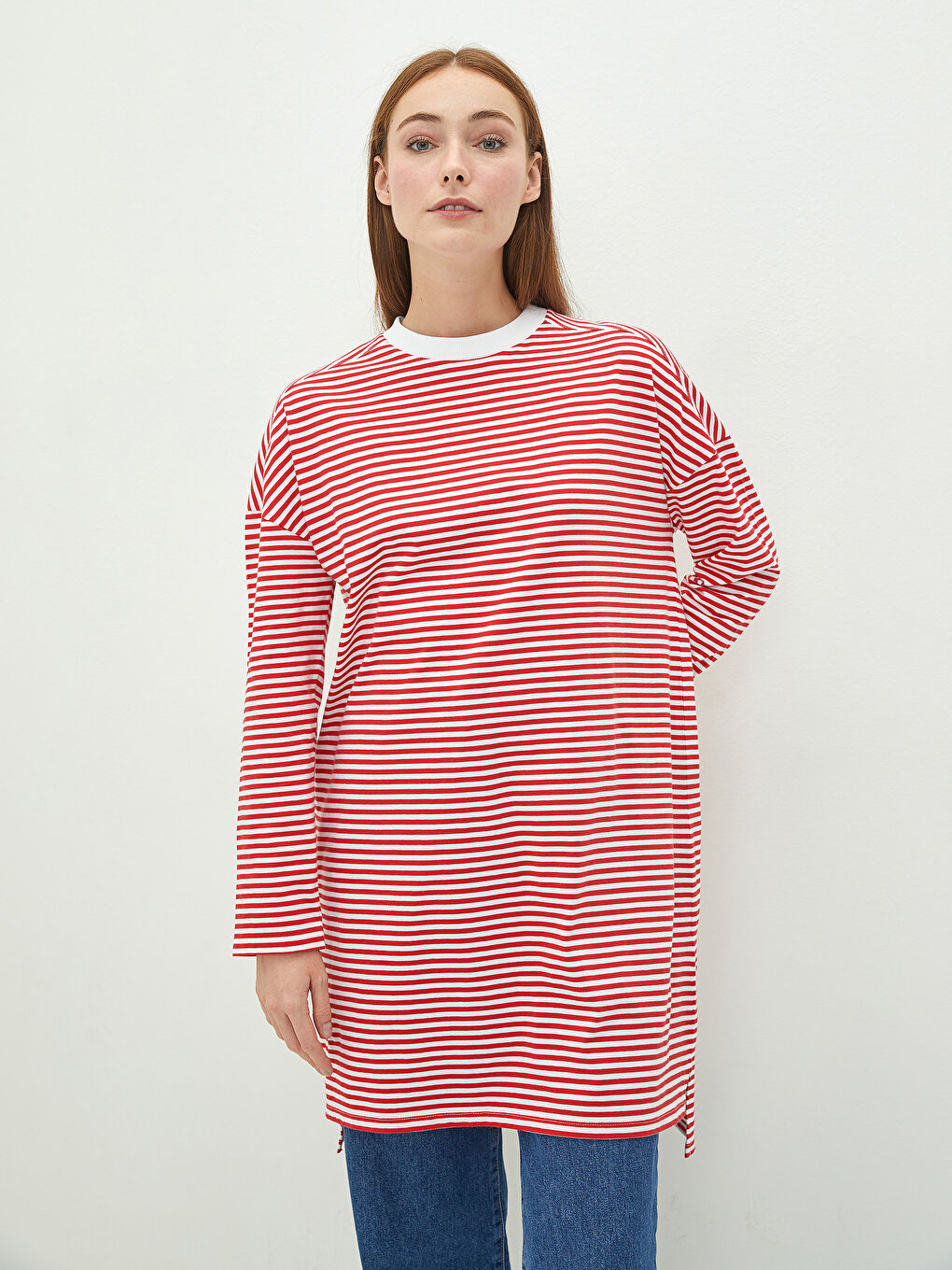 LCW Modest Crew Neck Striped Long Sleeve Cotton Women's Tunic -W1J504Z8-LJE