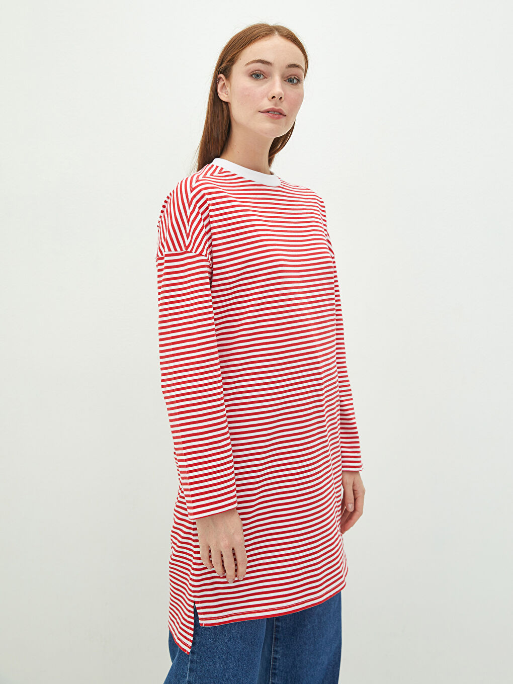 LCW Modest Crew Neck Striped Long Sleeve Cotton Women's Tunic -W1J504Z8-LJE
