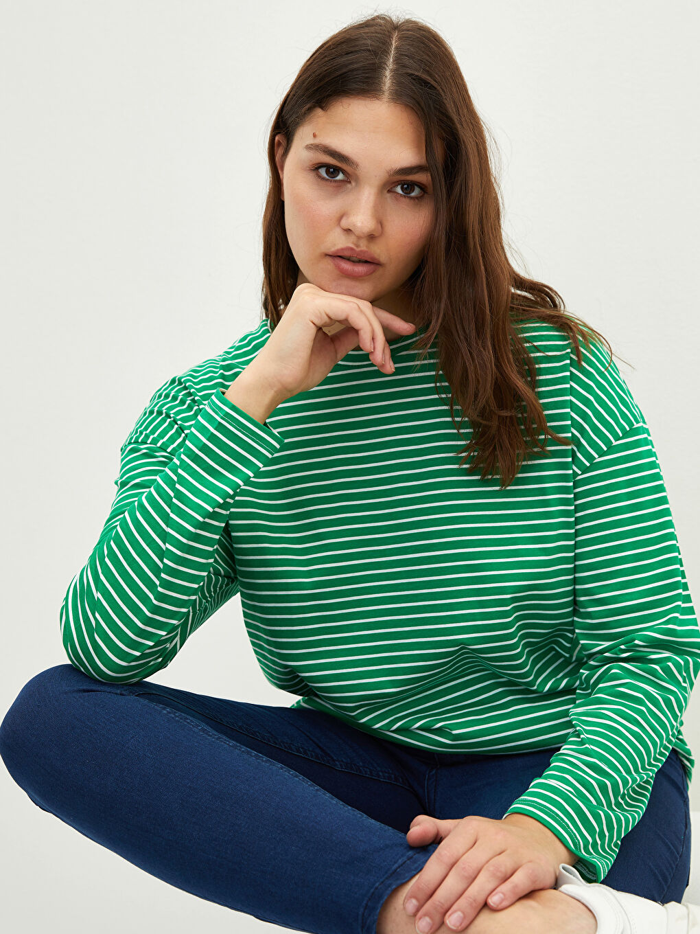 Футболка Женская Большого Размера С Круглым Вырезом В Полоску С Длинным Рукавом Из Хлопка