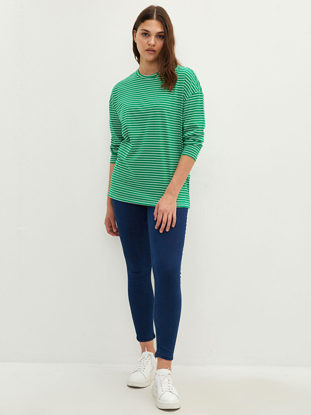 Футболка Женская Большого Размера С Круглым Вырезом В Полоску С Длинным Рукавом Из Хлопка-1