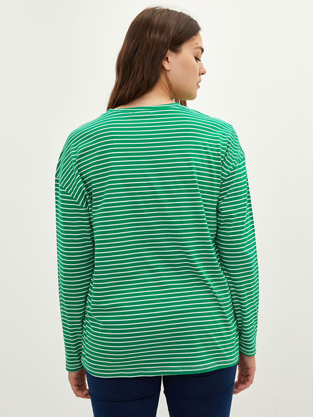 Футболка Женская Большого Размера С Круглым Вырезом В Полоску С Длинным Рукавом Из Хлопка-2