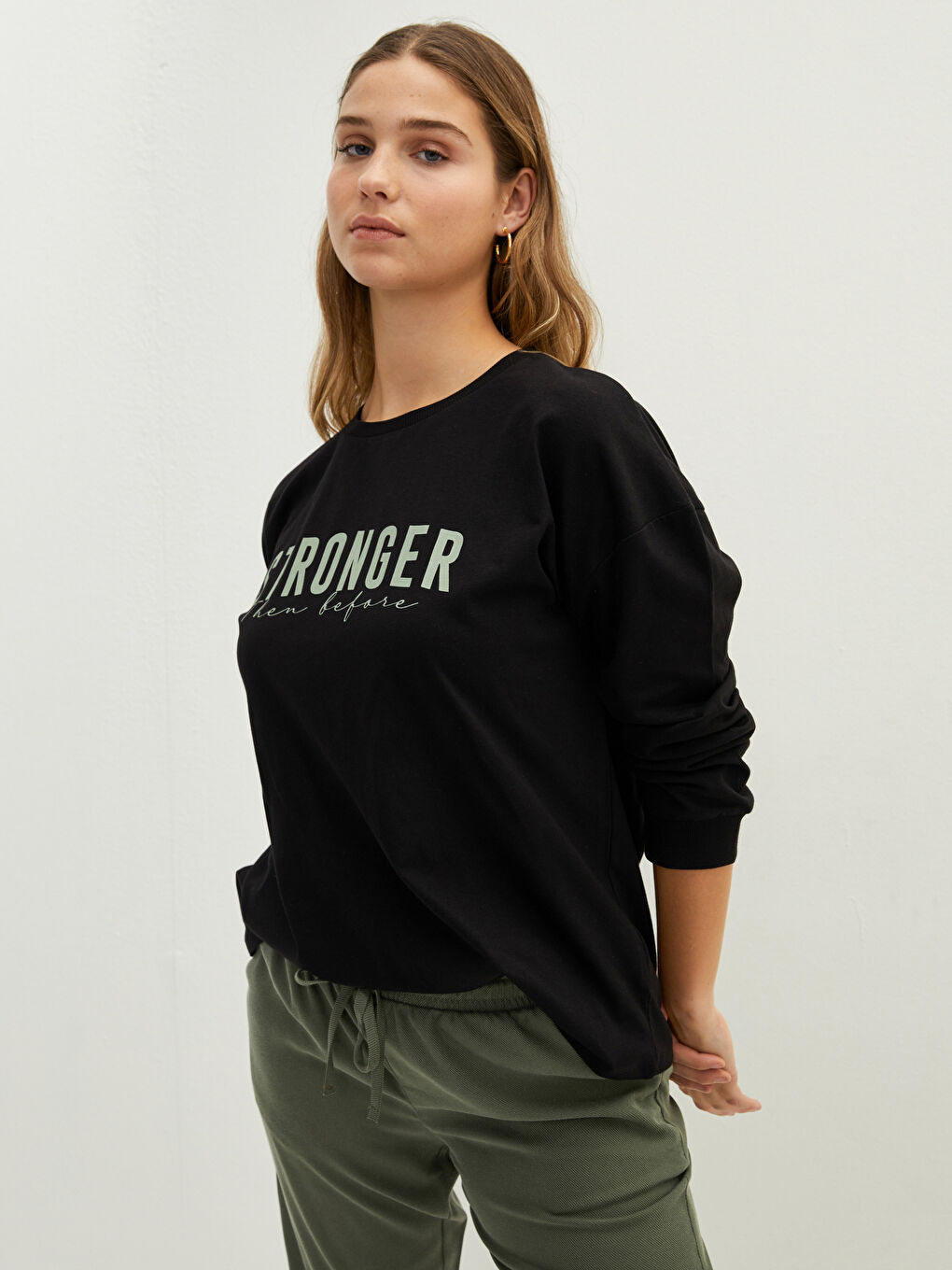 Siyah Büyük Beden Bisiklet Yaka Slogan Baskılı Uzun Kollu Kadın Tişört-1