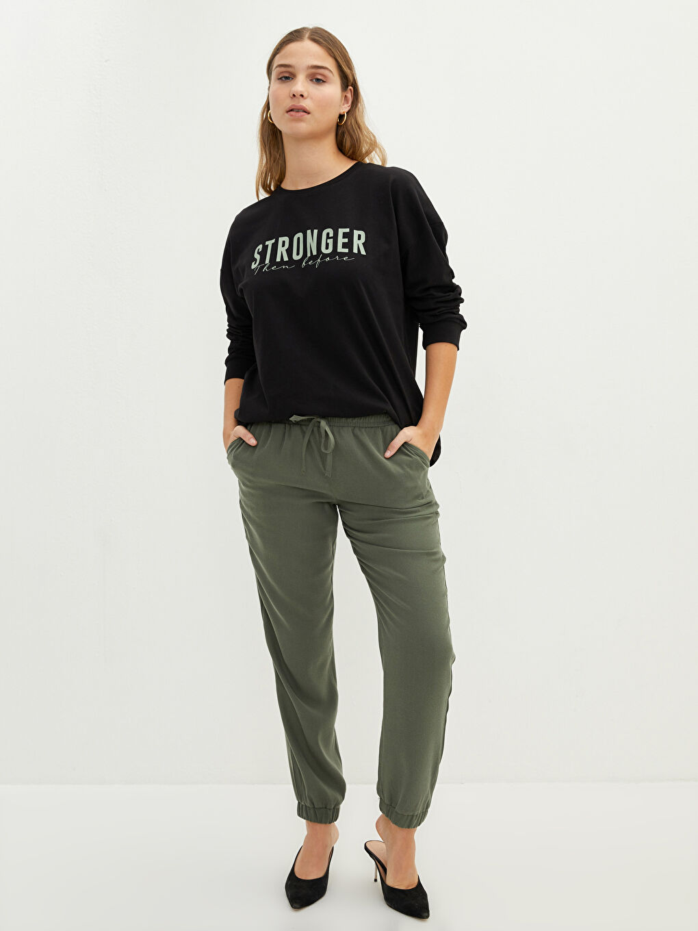 Siyah Büyük Beden Bisiklet Yaka Slogan Baskılı Uzun Kollu Kadın Tişört-2