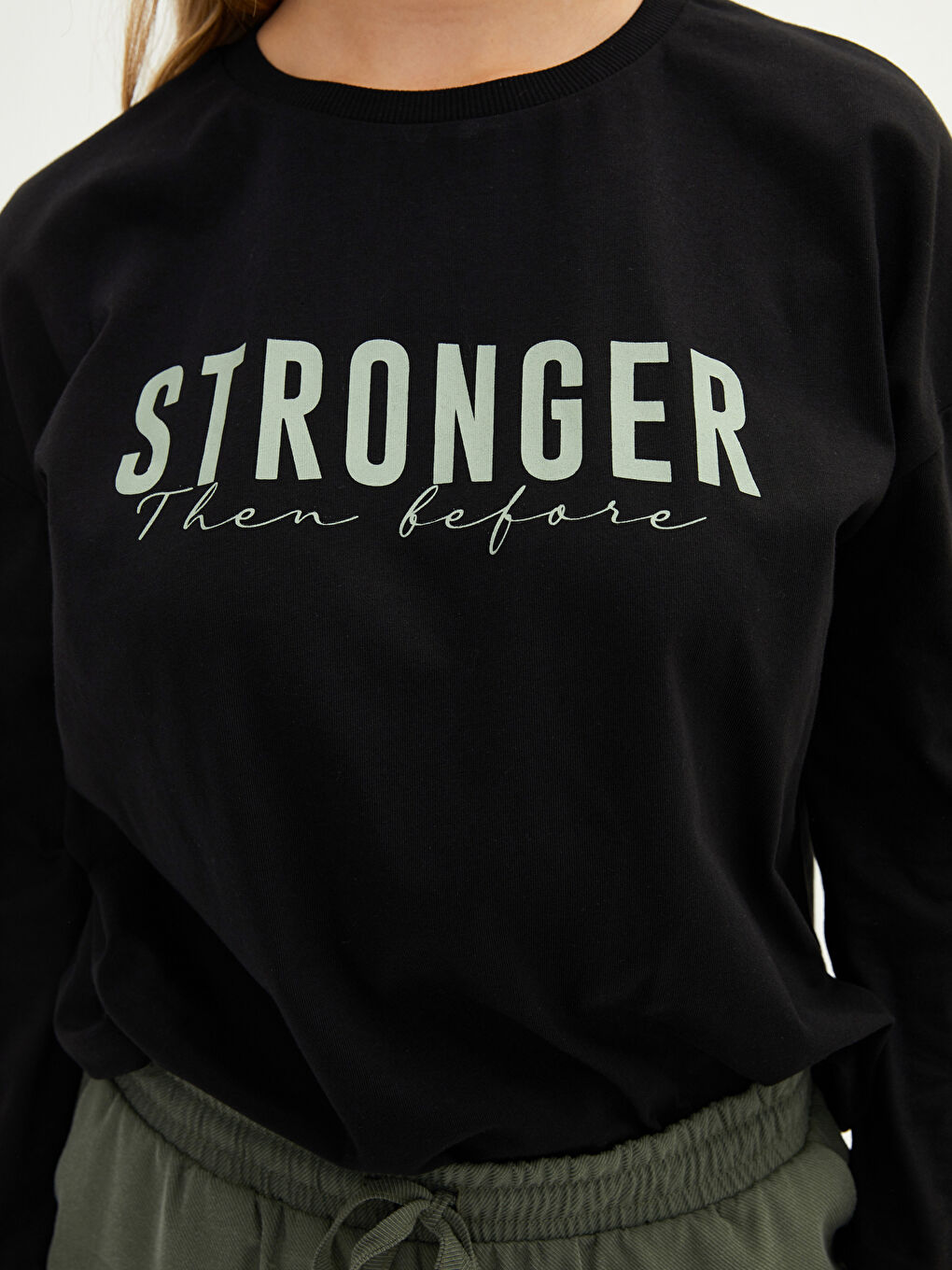 Siyah Büyük Beden Bisiklet Yaka Slogan Baskılı Uzun Kollu Kadın Tişört-3