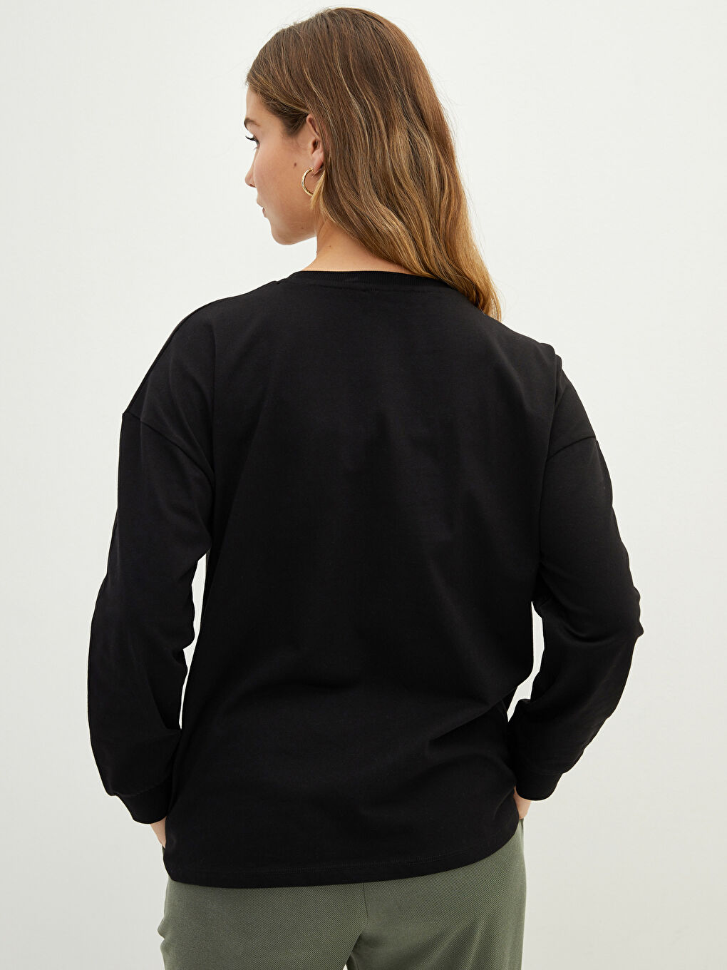 Siyah Büyük Beden Bisiklet Yaka Slogan Baskılı Uzun Kollu Kadın Tişört-4