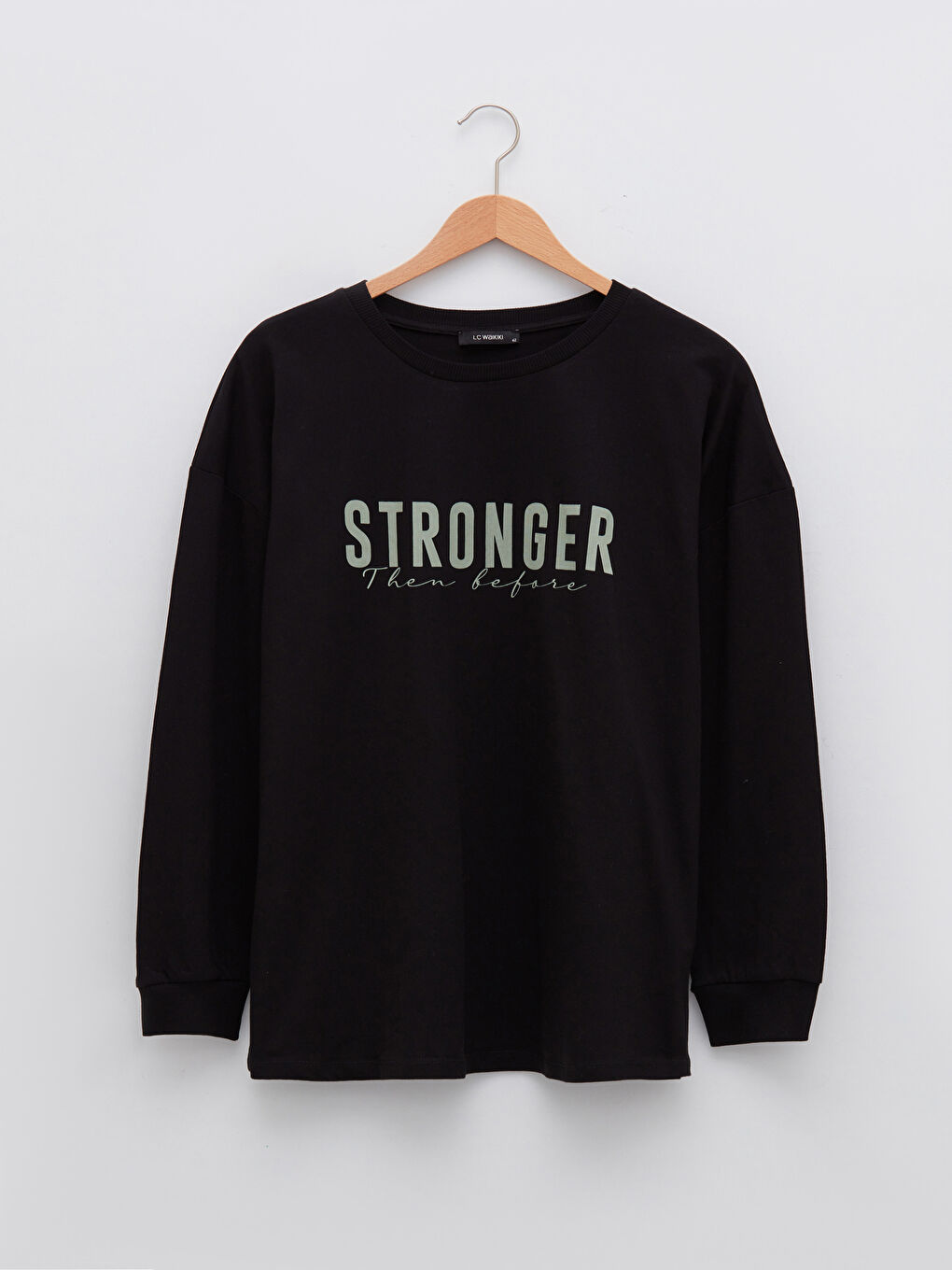 Siyah Büyük Beden Bisiklet Yaka Slogan Baskılı Uzun Kollu Kadın Tişört-5