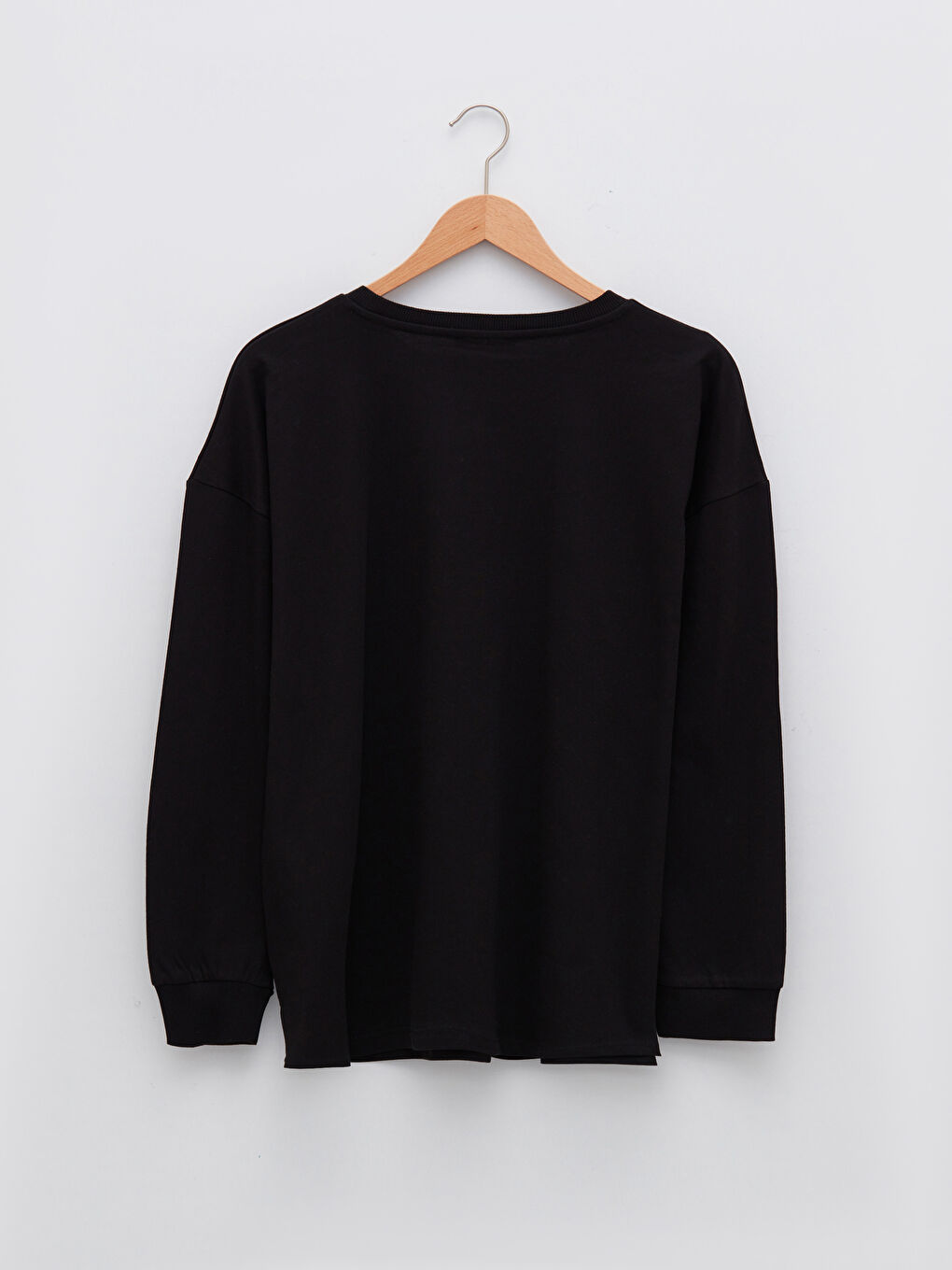 Siyah Büyük Beden Bisiklet Yaka Slogan Baskılı Uzun Kollu Kadın Tişört-6