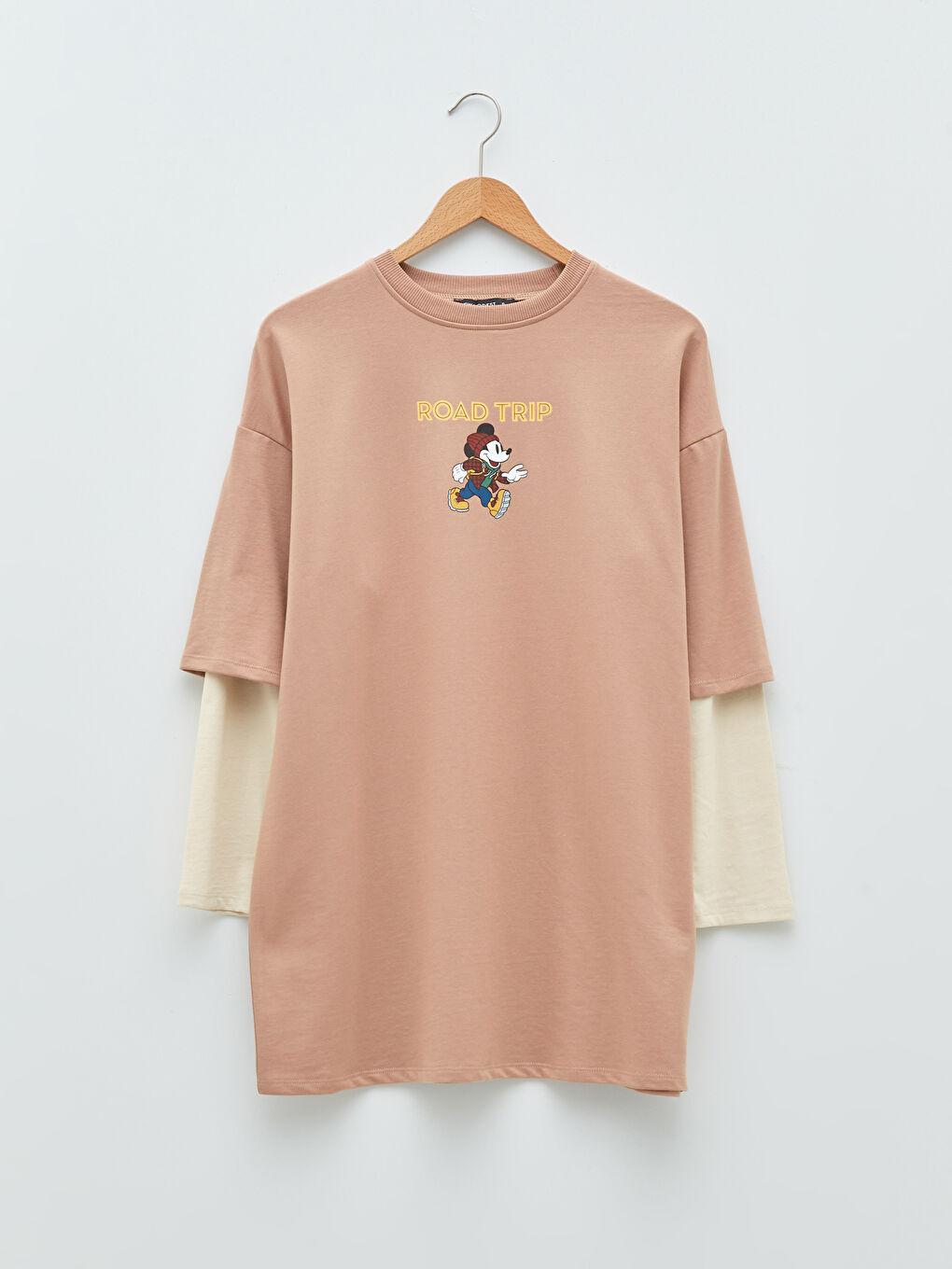 Bej Bisiklet Yaka Mickey Mouse Baskılı Kadın Sweatshirt Tunik-5