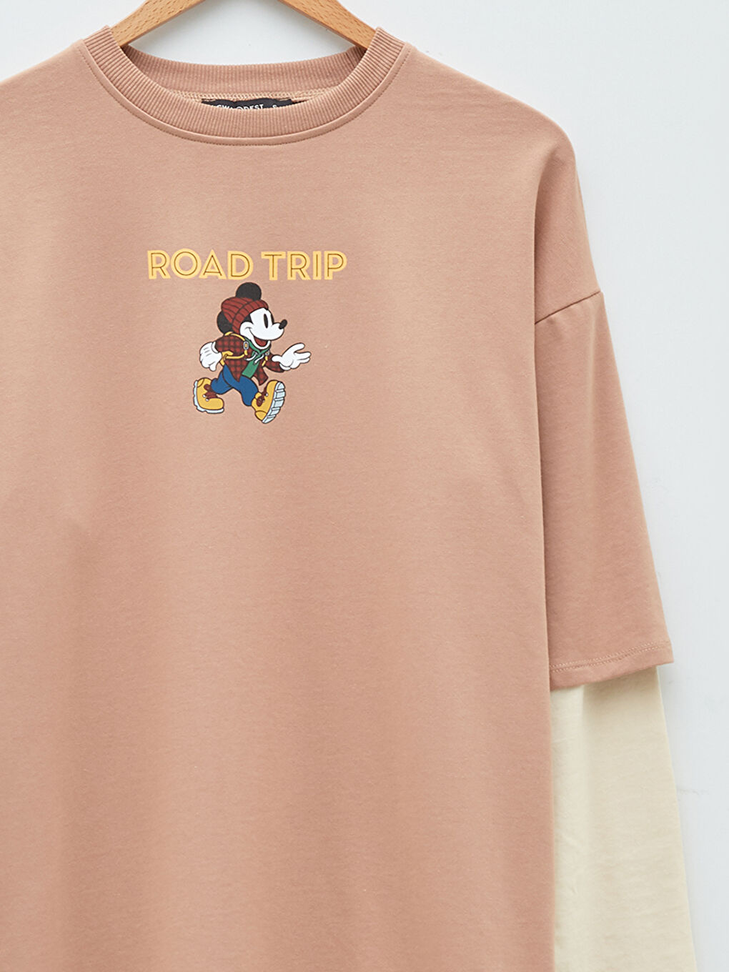 Bej Bisiklet Yaka Mickey Mouse Baskılı Kadın Sweatshirt Tunik-7