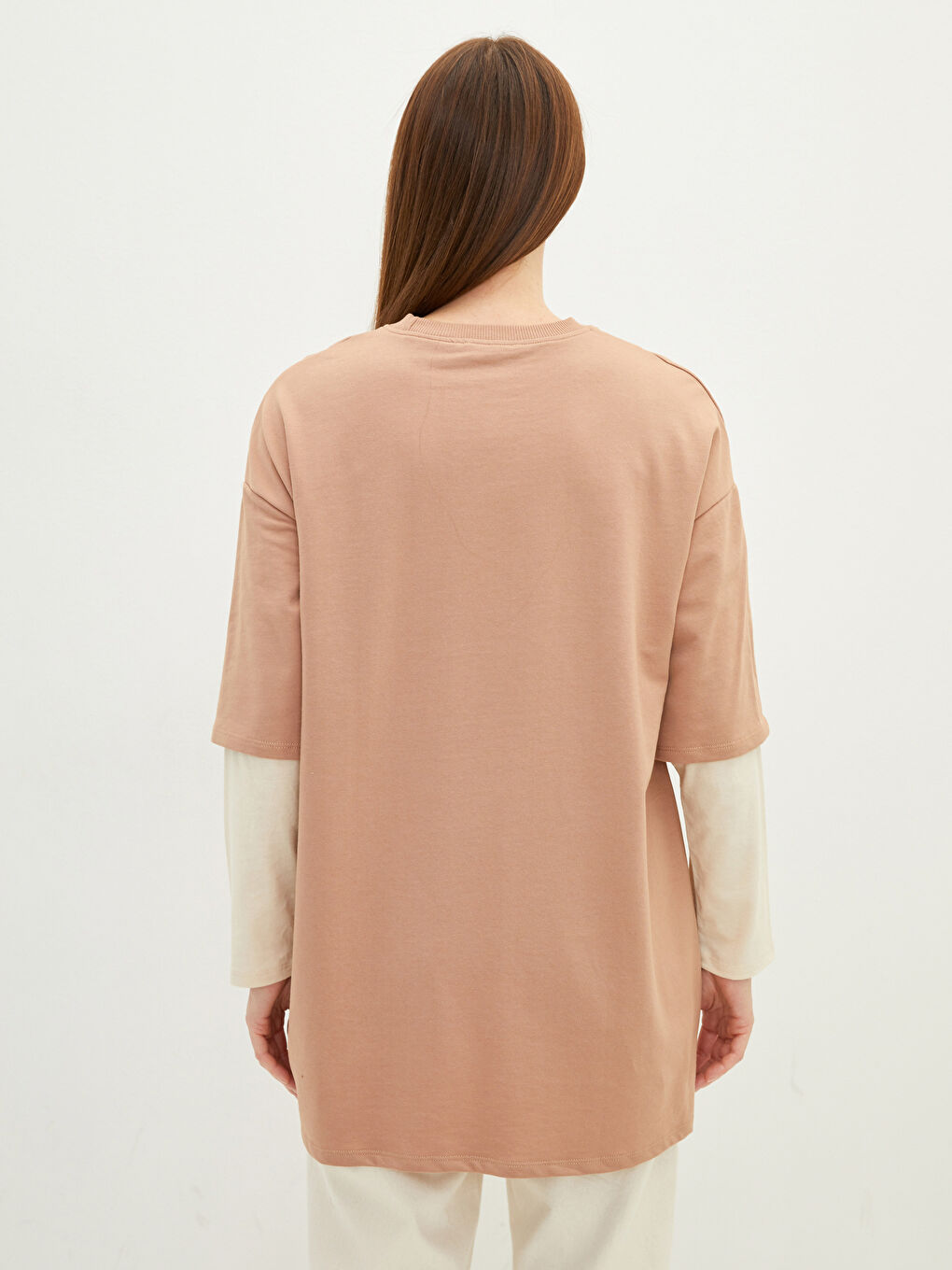 Bej Bisiklet Yaka Mickey Mouse Baskılı Kadın Sweatshirt Tunik-4