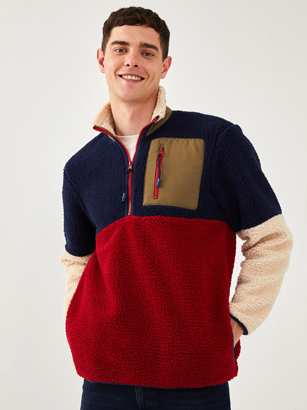 Lacivert Dik Yaka Uzun Kollu Renk Bloklu Pelüş Erkek Sweatshirt-1