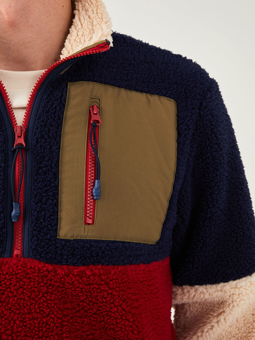 Lacivert Dik Yaka Uzun Kollu Renk Bloklu Pelüş Erkek Sweatshirt-3