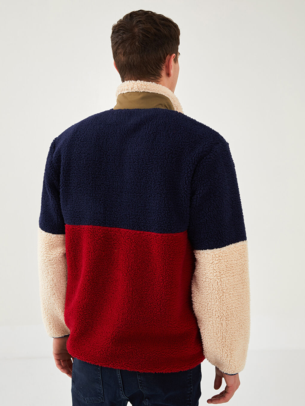 Lacivert Dik Yaka Uzun Kollu Renk Bloklu Pelüş Erkek Sweatshirt-4