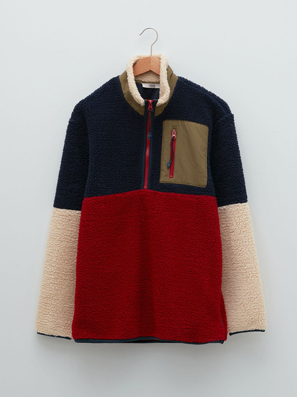 Lacivert Dik Yaka Uzun Kollu Renk Bloklu Pelüş Erkek Sweatshirt-5