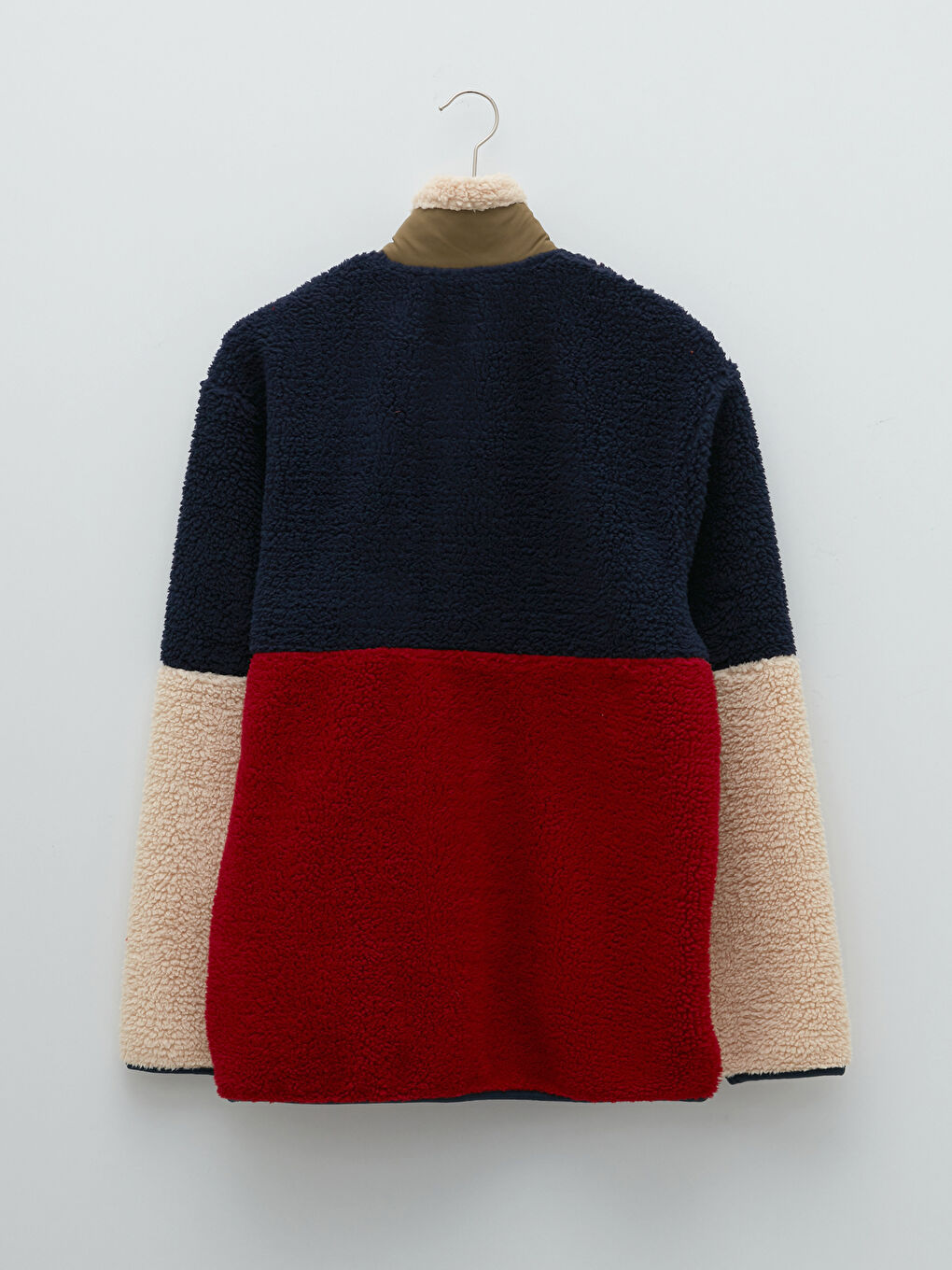 Lacivert Dik Yaka Uzun Kollu Renk Bloklu Pelüş Erkek Sweatshirt-6