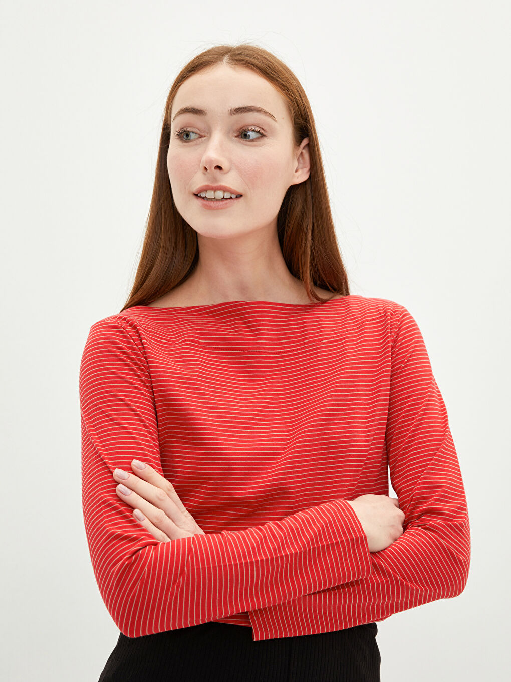 Boat Neck Striped Long Sleeve Women's T-Shirt