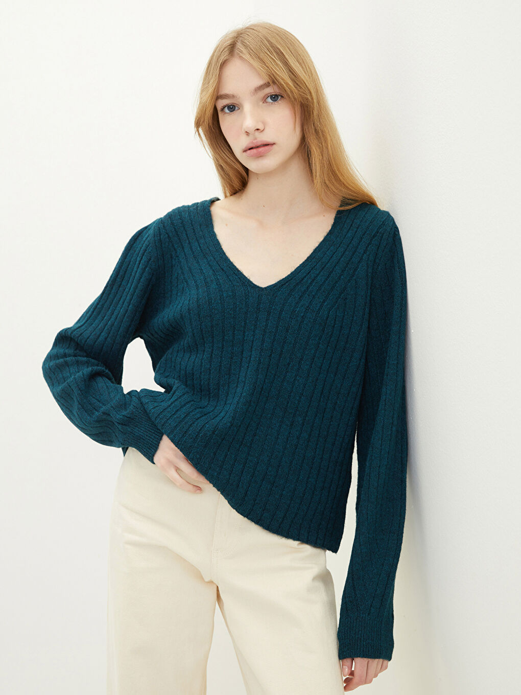 V-Neck Self Patterned Long Sleeve Women's Knitwear Sweater