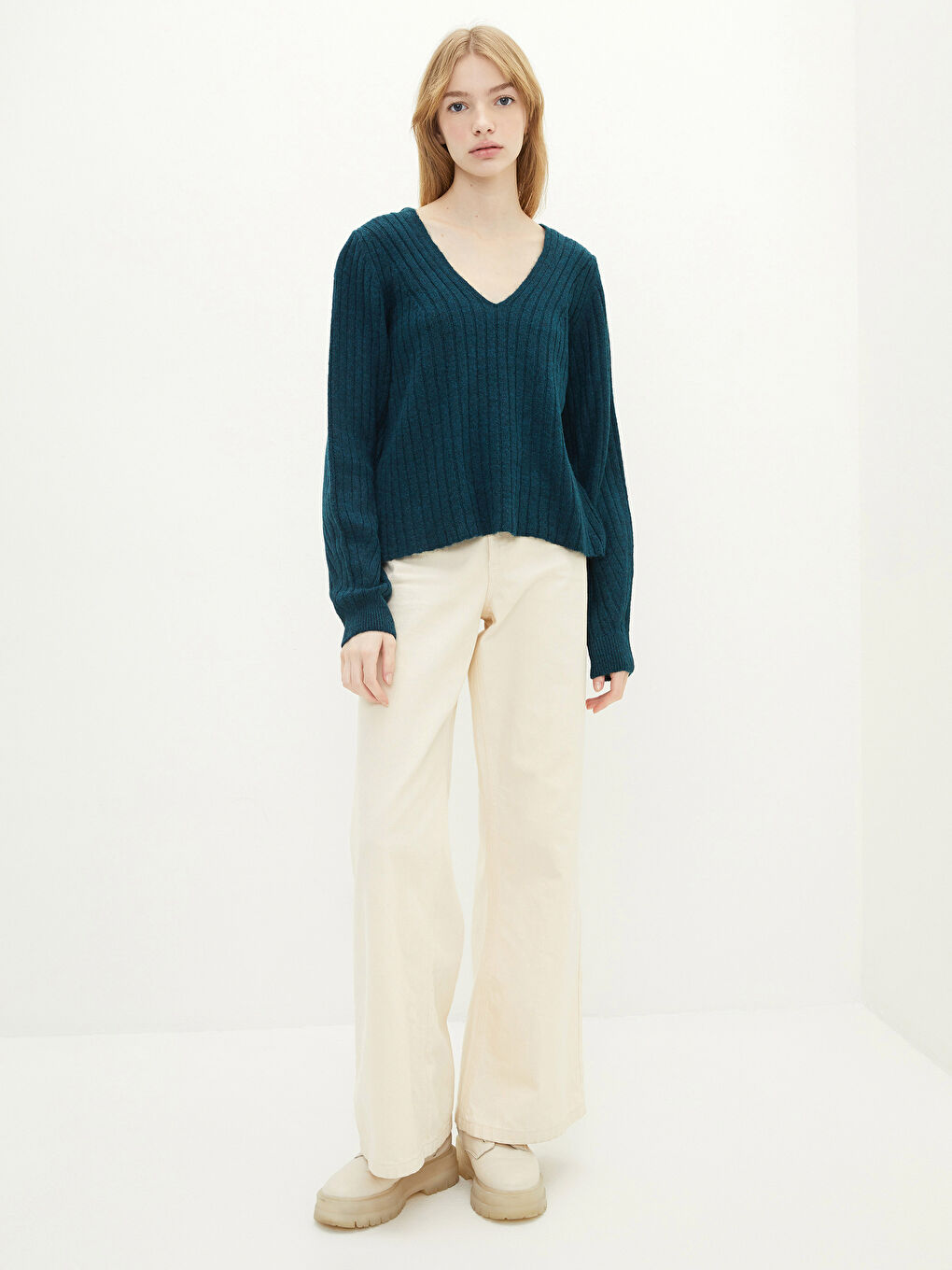 V-Neck Self Patterned Long Sleeve Women's Knitwear Sweater-1