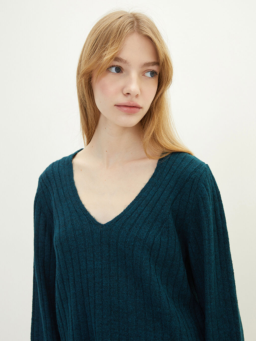 V-Neck Self Patterned Long Sleeve Women's Knitwear Sweater-2