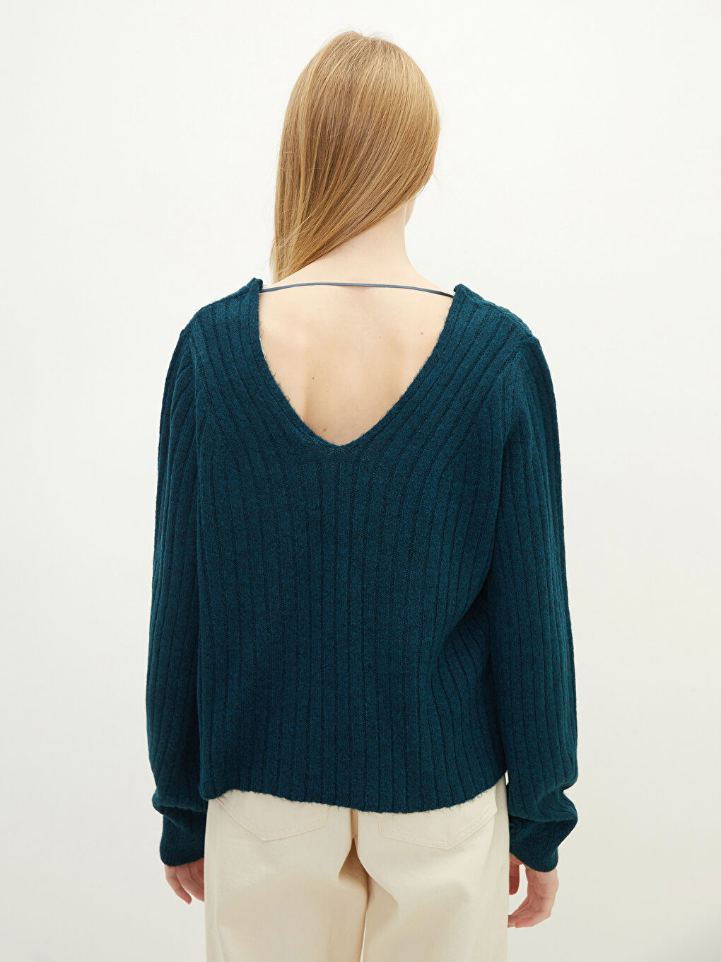 V-Neck Self Patterned Long Sleeve Women's Knitwear Sweater-4