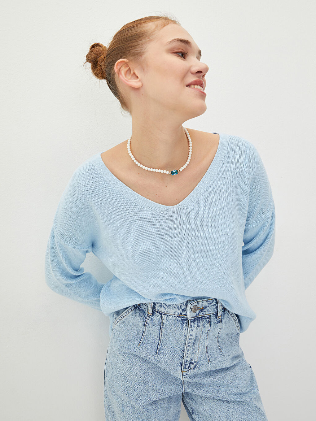 Mavi V Yaka Düz Uzun Kollu Kadın Triko Tunik