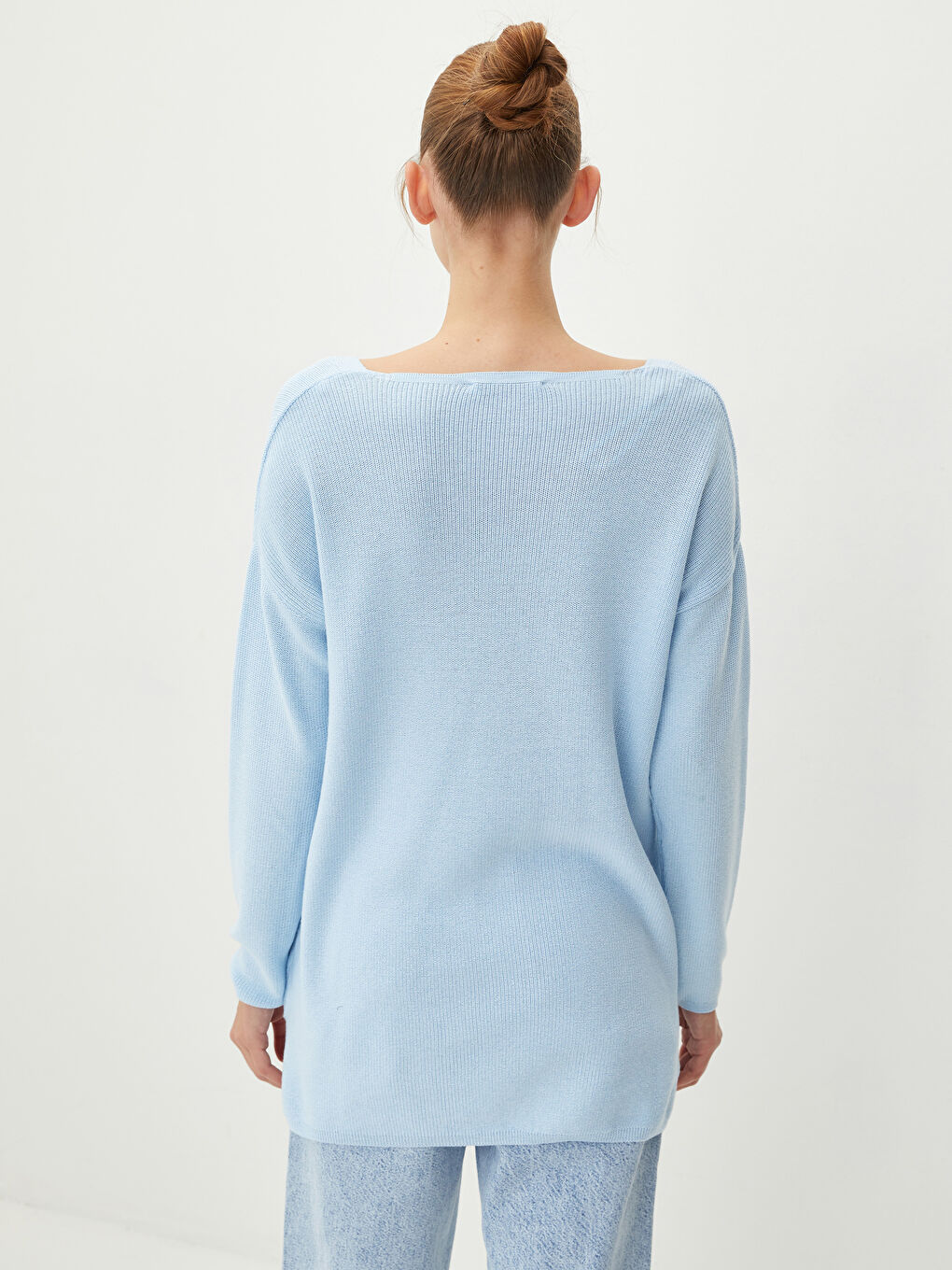 Mavi V Yaka Düz Uzun Kollu Kadın Triko Tunik-4