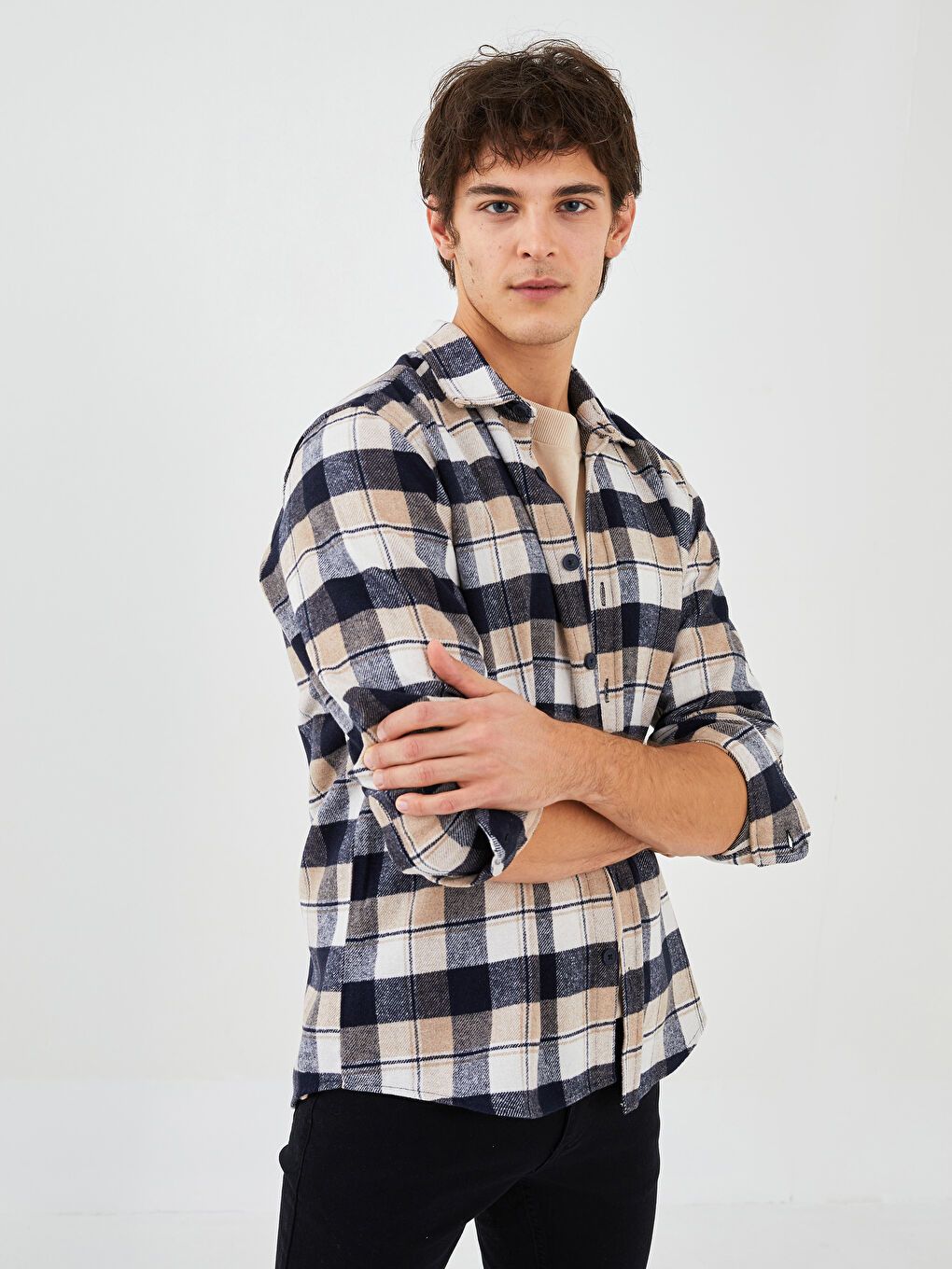 Chemise en flanelle à carreaux à manches longues coupe régulière pour hommes