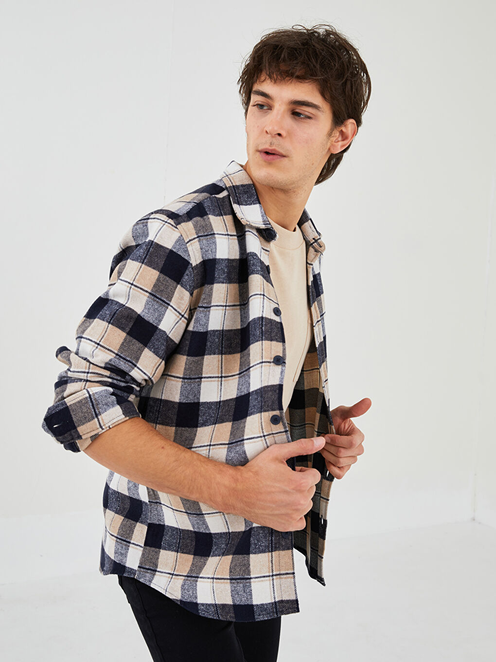 Chemise en flanelle à carreaux à manches longues coupe régulière pour hommes-1