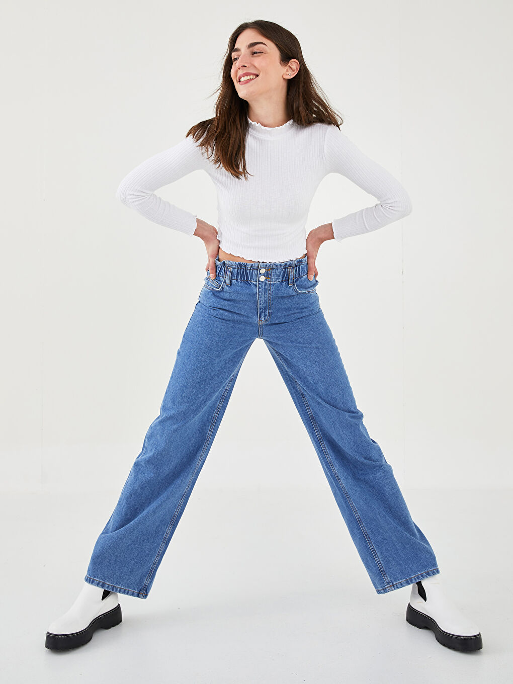 Beli Lastikli Wideleg Cep Detaylı Kadın Rodeo Jean Pantolon