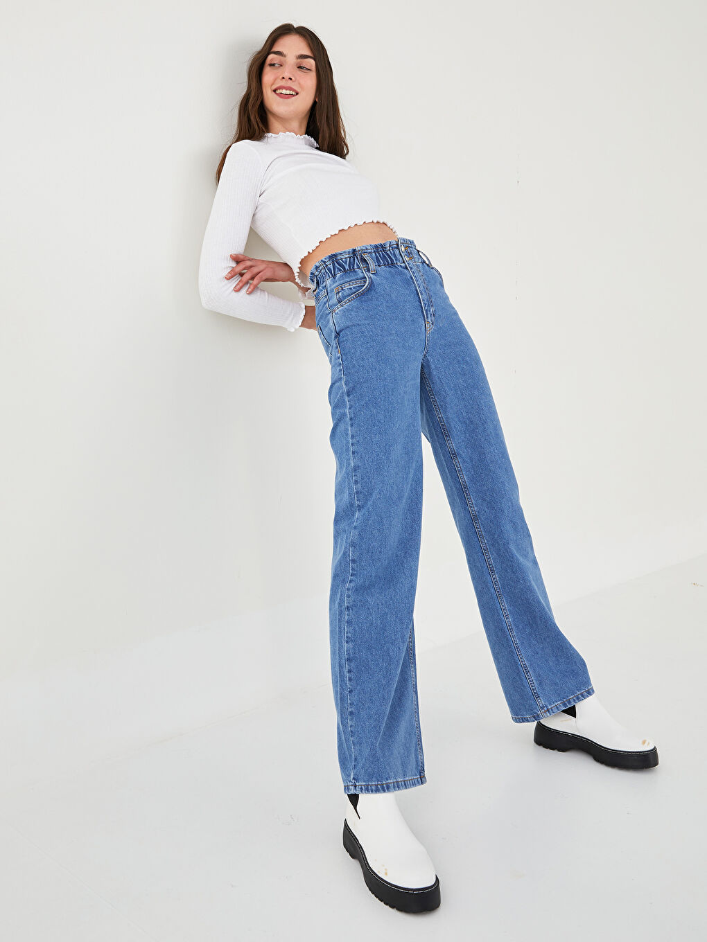 Beli Lastikli Wideleg Cep Detaylı Kadın Rodeo Jean Pantolon-1