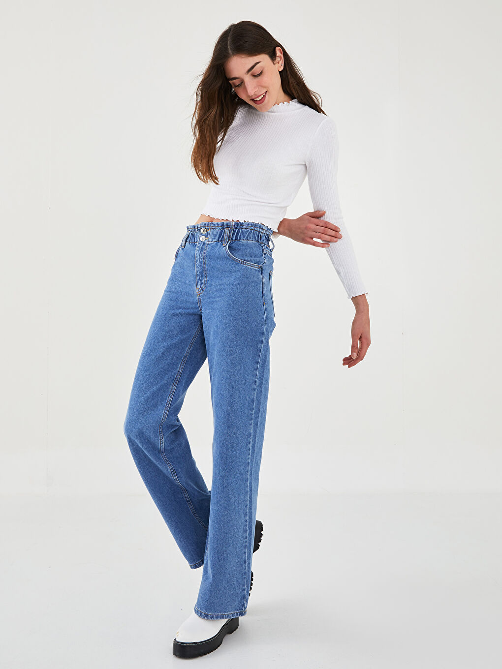 Beli Lastikli Wideleg Cep Detaylı Kadın Rodeo Jean Pantolon-2