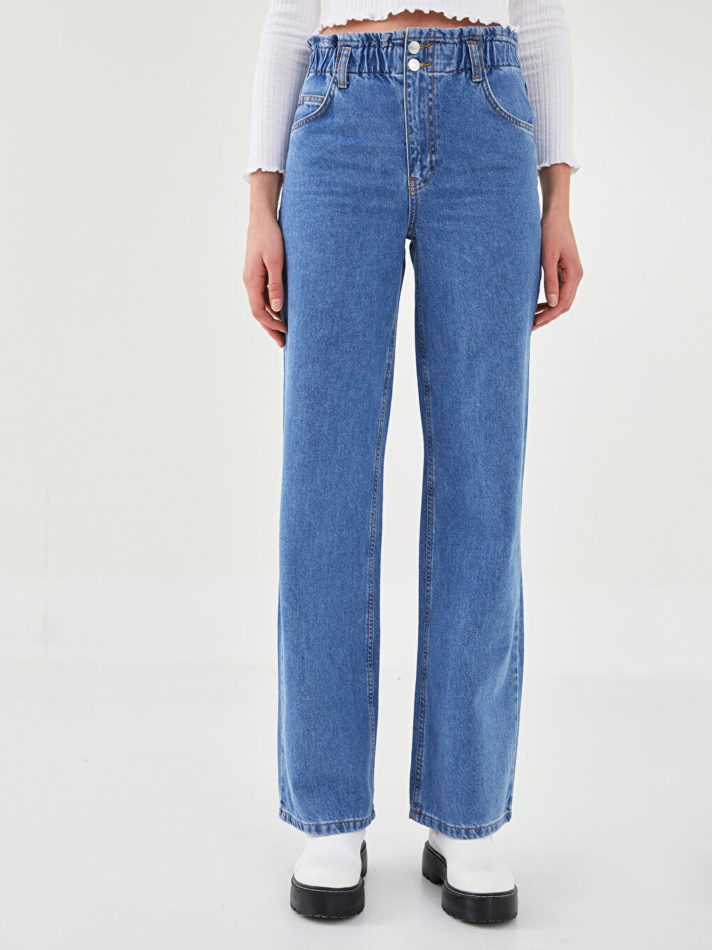 Beli Lastikli Wideleg Cep Detaylı Kadın Rodeo Jean Pantolon-4