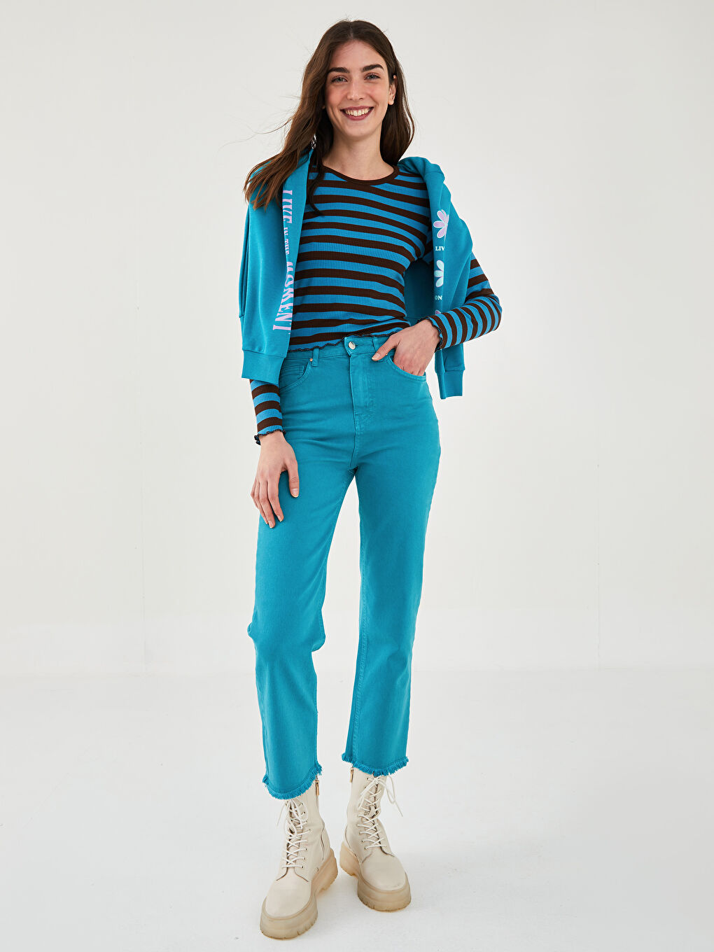 Blugi Dama cu Talie Înaltă, Croială Confortabilă și Buzunare-1