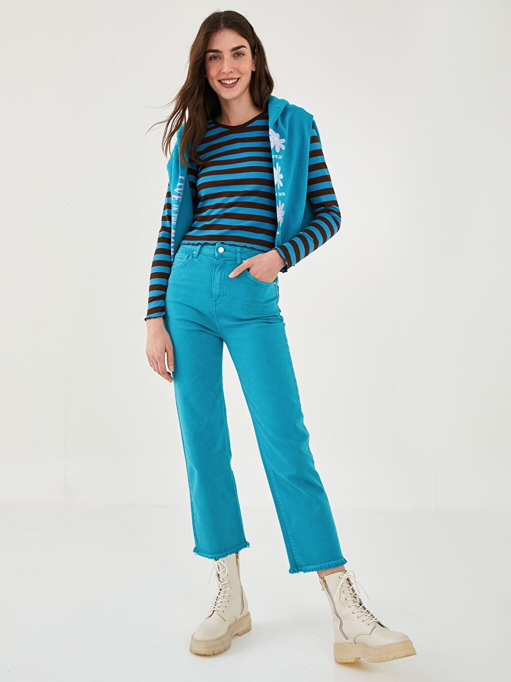 Blugi Dama cu Talie Înaltă, Croială Confortabilă și Buzunare-2