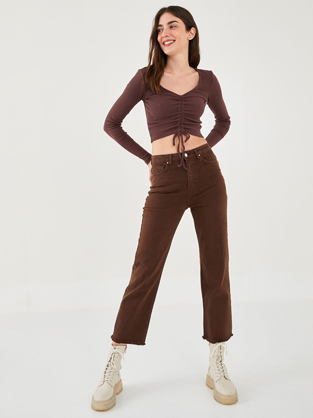 Blugi Dama cu Talie Înaltă, Croială Confortabilă și Buzunare-1