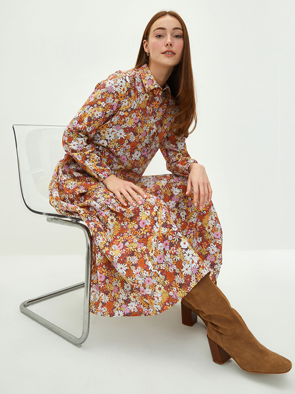 Shirt Neck Flower Long Sleeve Poplin Women's Dress