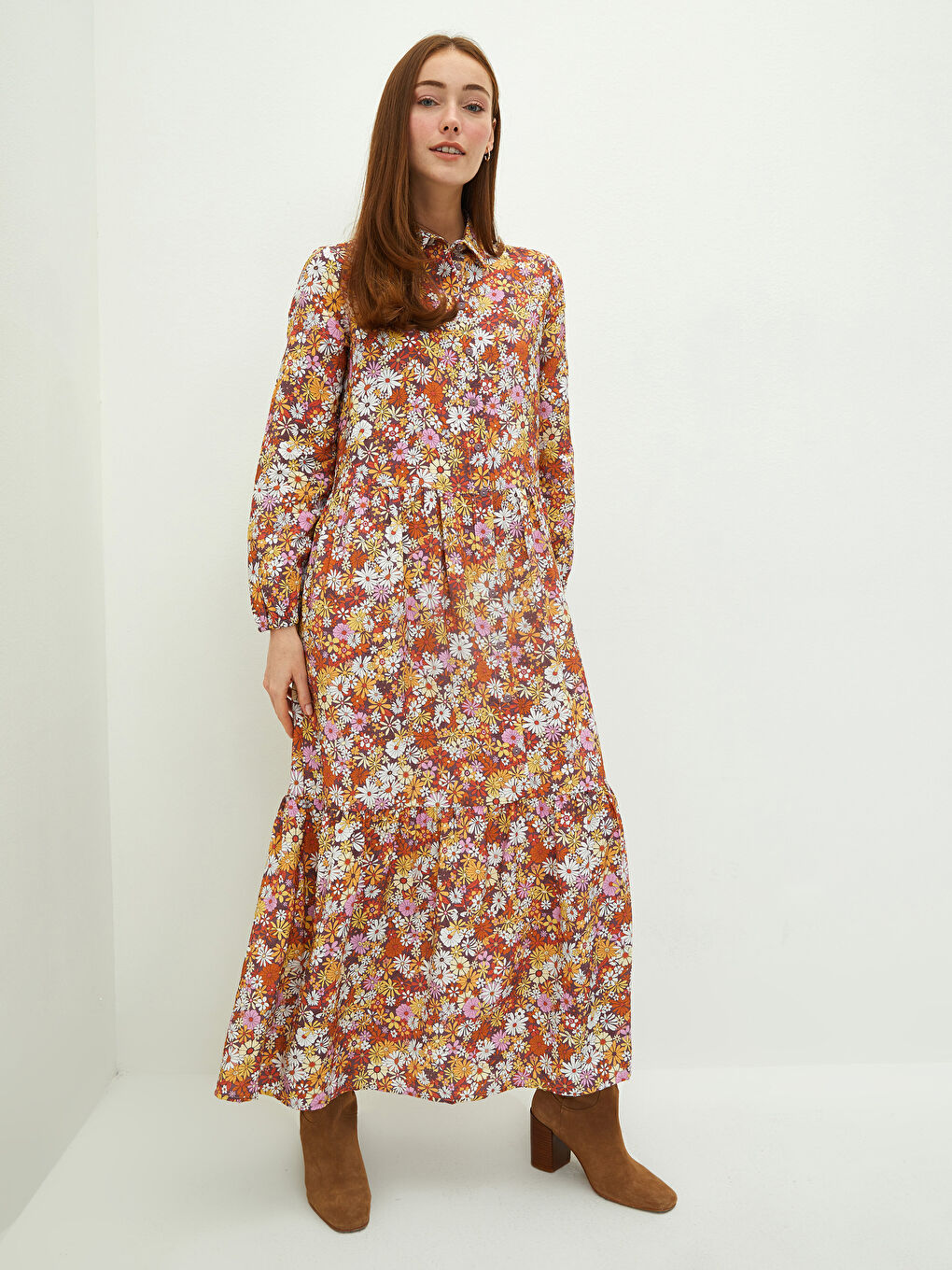 Shirt Neck Flower Long Sleeve Poplin Women's Dress-1