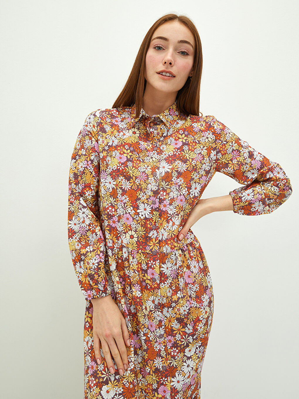 Shirt Neck Flower Long Sleeve Poplin Women's Dress-2